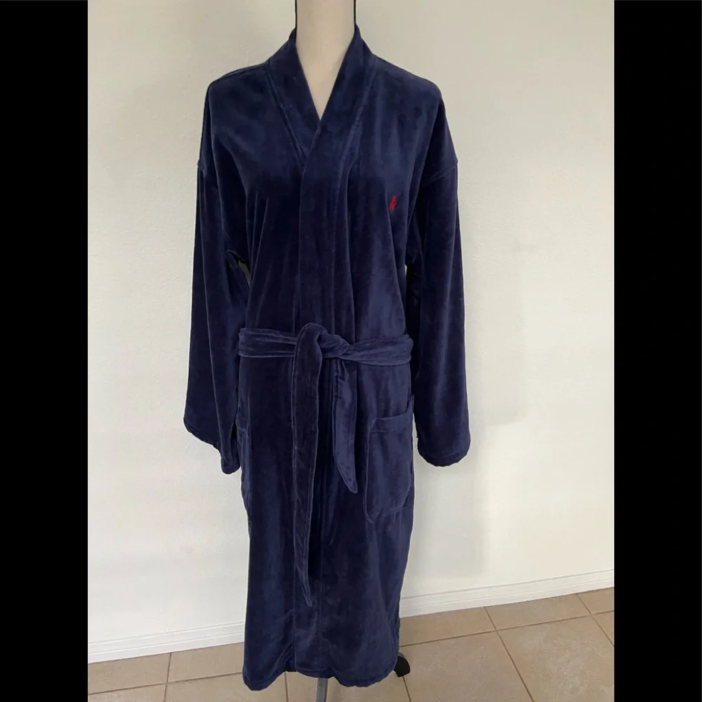 Polo Ralph Lauren Men’s Navy Velour Bath Robe One Size 100% Cotton Shawl Collar